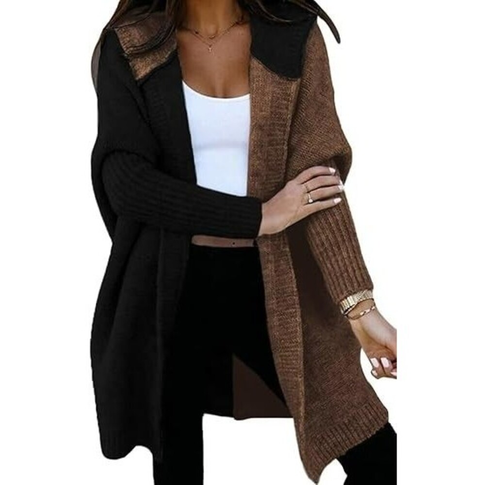 Astylish Women's Hooded Cardigan Sweaters MEDIUM Black Long Sleeve Color Block